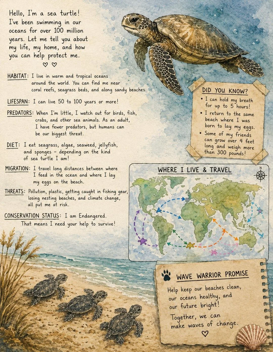 Illustration of a sea turtle on a sandy beach with ocean waves, accompanied by a map of world travel routes, and informational text about sea turtles' habitat, lifespan, predators, diet, migration, threats, conservation status, and a pledge to help keep beaches and oceans clean.