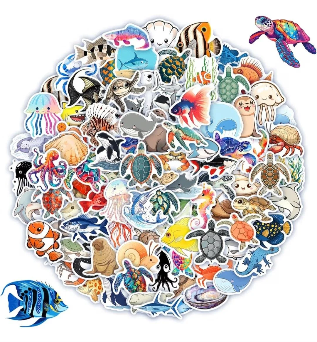 A collection of cartoon sea animals forming a circle, including fish, turtles, squid, jellyfish, an octopus, a crab, and a sea turtle, with a few sea animals outside the circle.