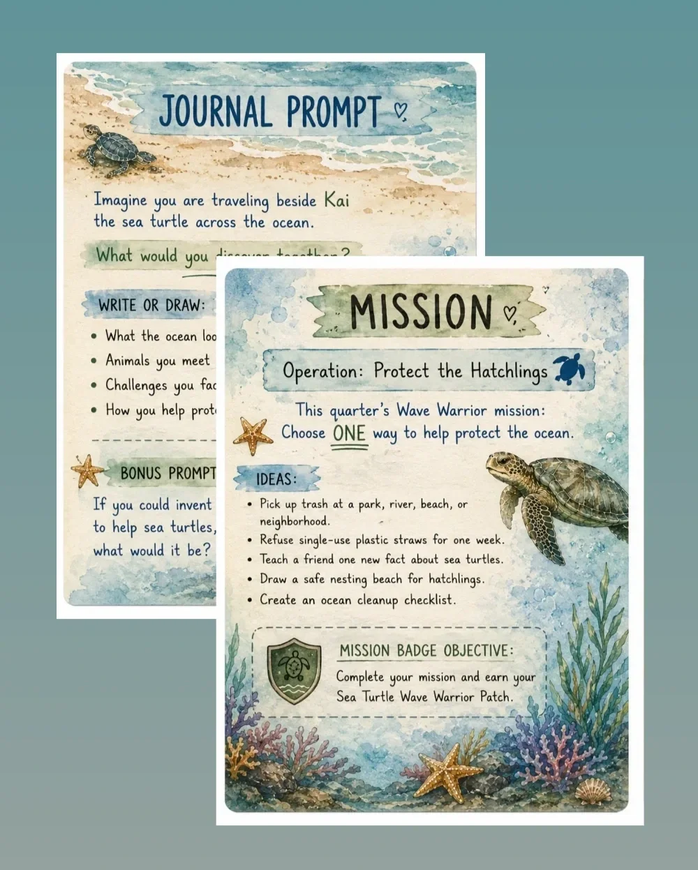Colorful ocean-themed journal prompts and mission sheet with seashells, starfish, seaweed, and a sea turtle illustration.