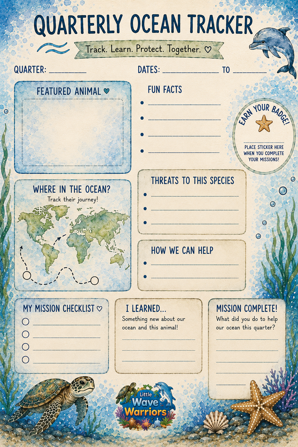 A printable ocean-themed tracker sheet titled "Quarterly Ocean Tracker" with sections for recording the quarter, dates, featured animal, ocean journey, threats to the species, help needed, a checklist, what was learned, and completion notes. Decorated with illustrations of a dolphin, a turtle, starfish, seashells, seaweed, and ocean bubbles.
