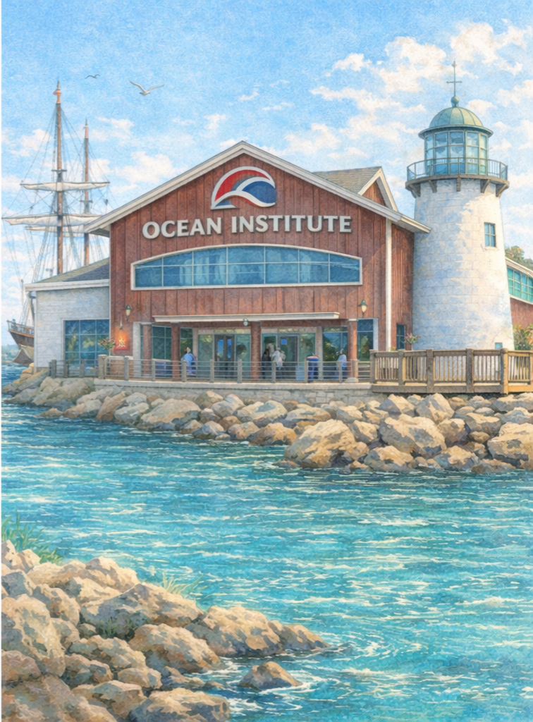 Illustration of the Ocean Institute building near the water with rocky shoreline, lighthouse, sailing ship, and seagulls in the sky.
