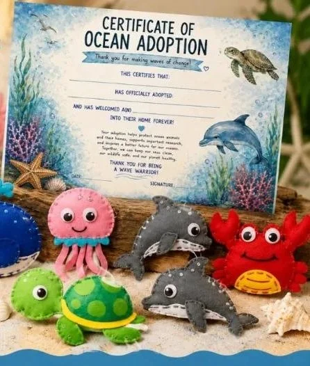 Oceans and marine life-themed handmade felt animal toys with a certificate of ocean adoption in the background.
