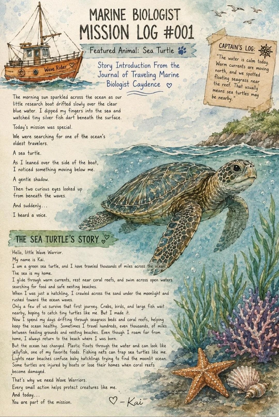 Illustration of a sea turtle swimming near coral and starfish, with a blue ocean background and a research boat named Wave Rider in the distance. The image includes a story log about sea turtles and marine life.