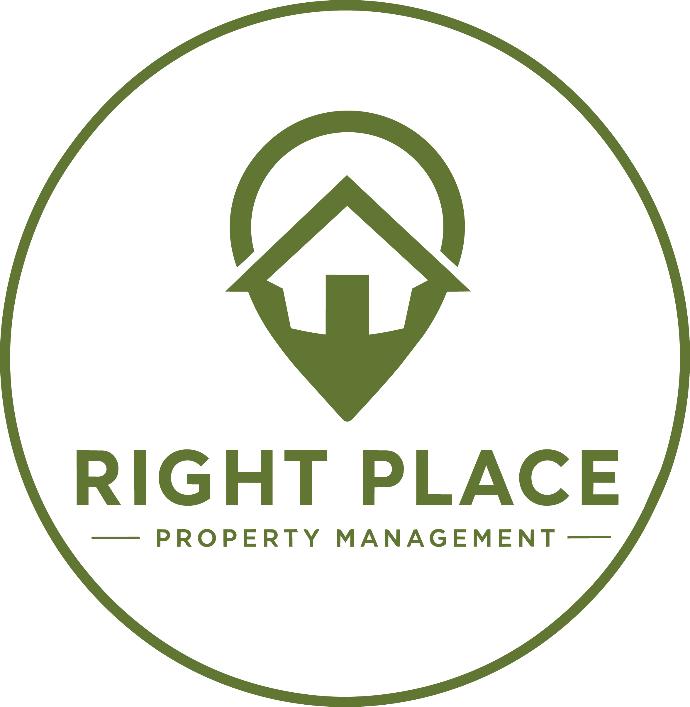 Green circular logo for 'Right Place Property Management' with a house and arrow symbol in the center.
