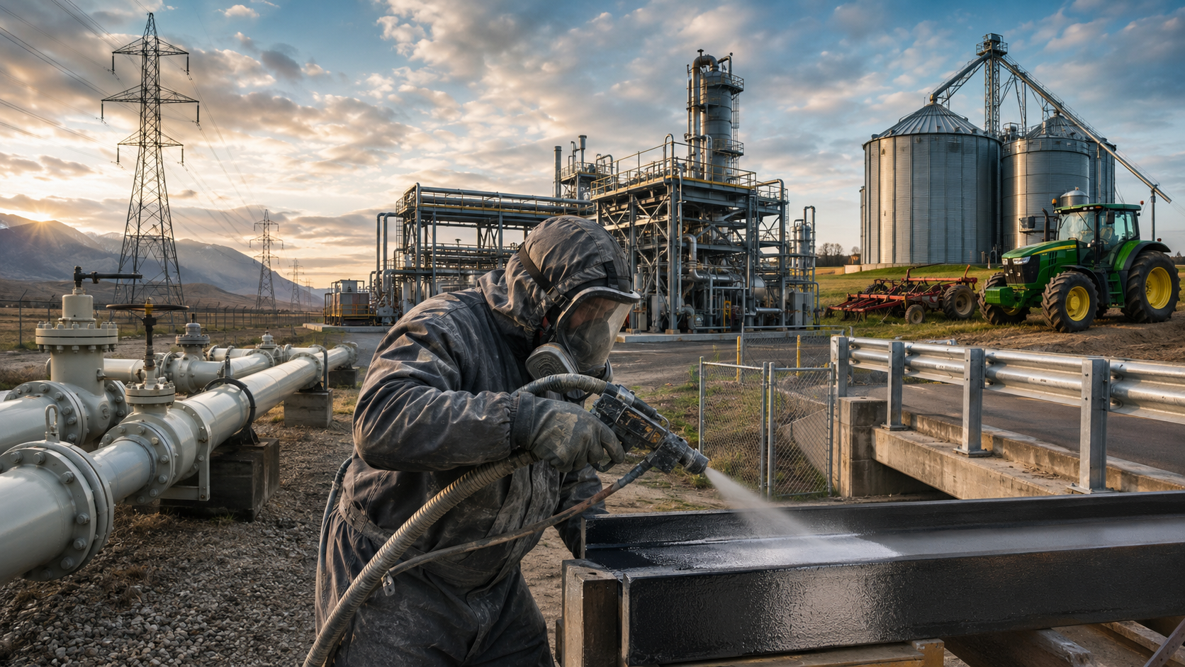 Worker wearing protective gear spray painting a metal container outdoors in an industrial site with pipelines, storage tanks, a tractor, power lines, and mountains in the background during sunset.