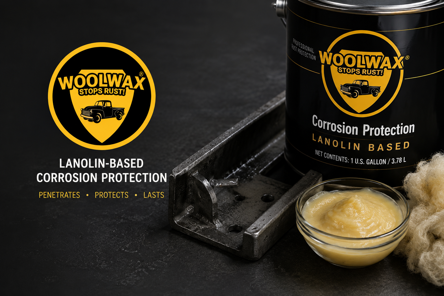 Woolwax corrosion protection product in a black can with yellow and black label, a small bowl of yellow wax, and a piece of metal on a dark surface.