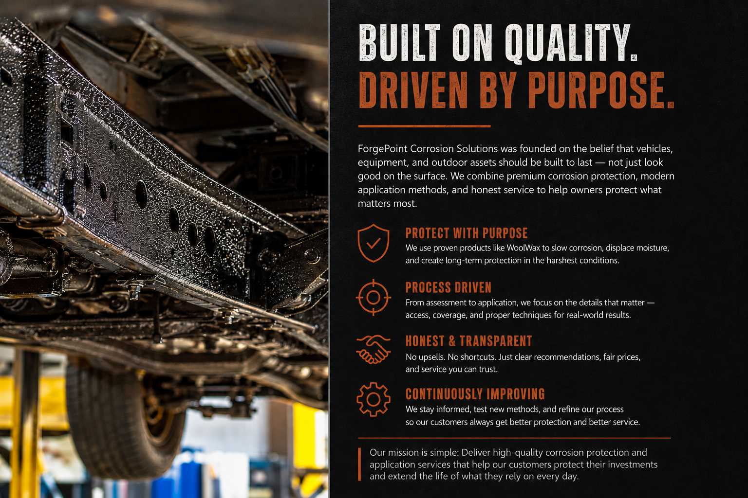 A close-up of a car's undercarriage with water droplets, next to a black board with white and orange text detailing ForgePoint Corrosion Solutions' mission and values, including protecting with purpose, process driven, honest and transparent, and continuously improving.