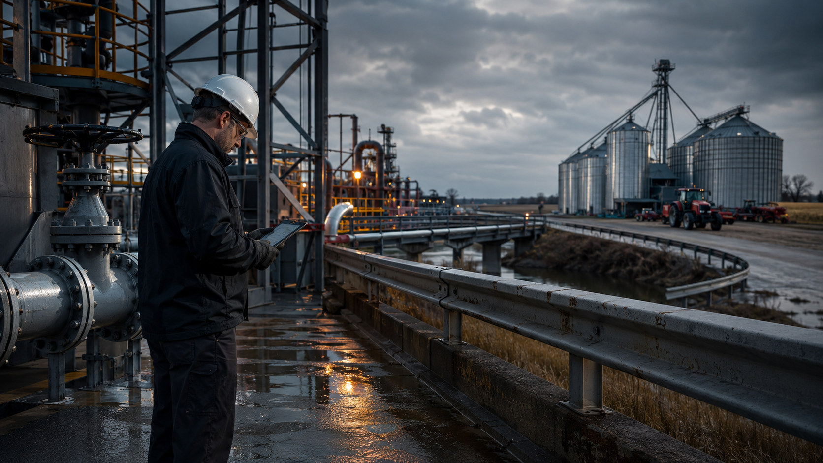 A man wearing a hard hat and safety jacket stands on an industrial platform at dusk, checking a tablet, with farm silos and farm equipment visible in the background.
