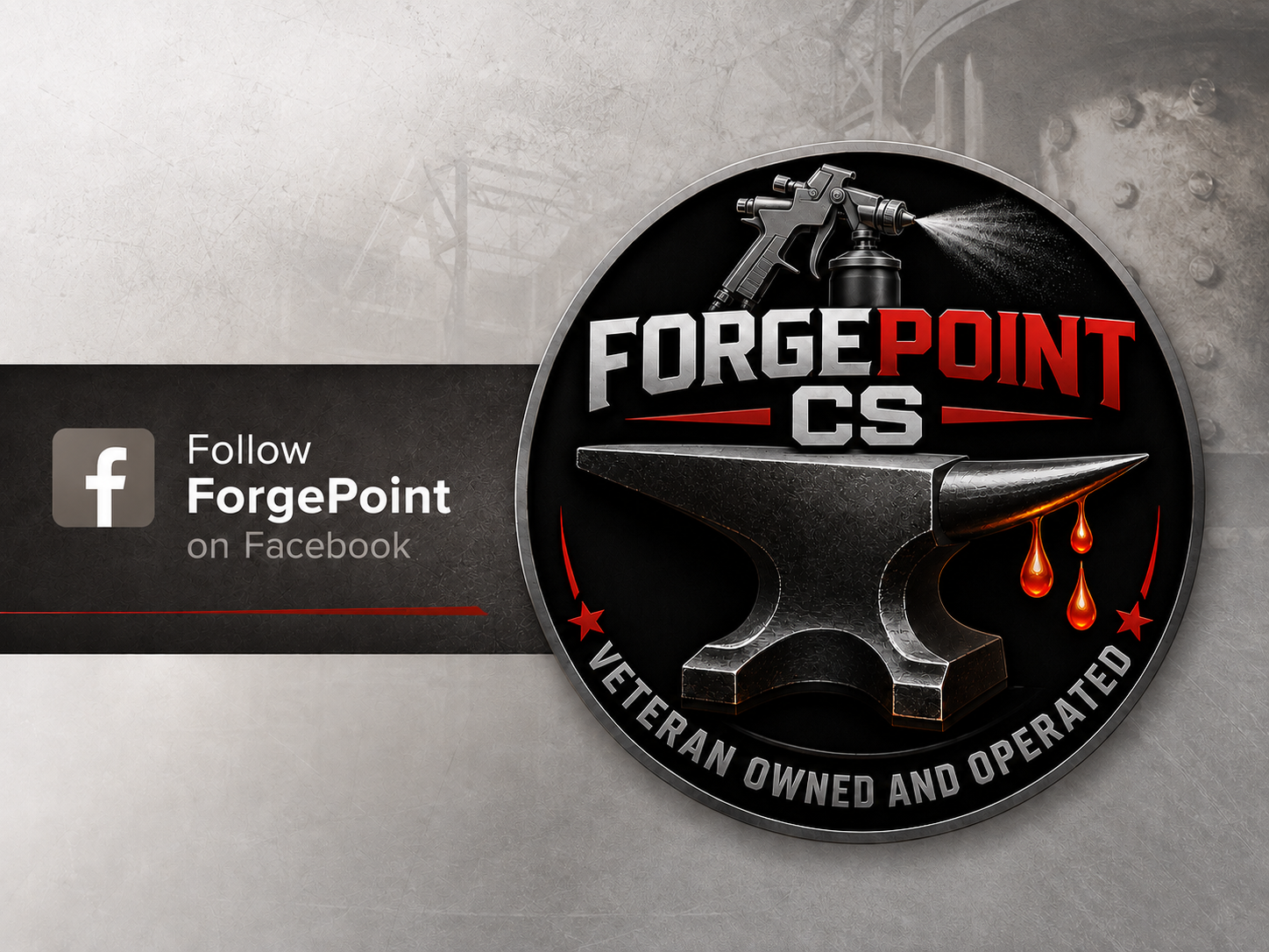 Logo for ForgePoint CS, featuring a black anvil with blood drops, a spray bottle, and text that says 'Veteran Owned and Operated'.