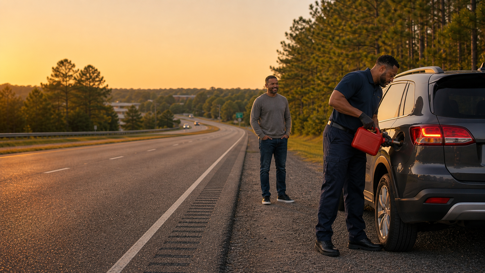 A man standing on the side of a highway, smiling and watching another man who is refueling a black SUV with a red gasoline canister during sunset.