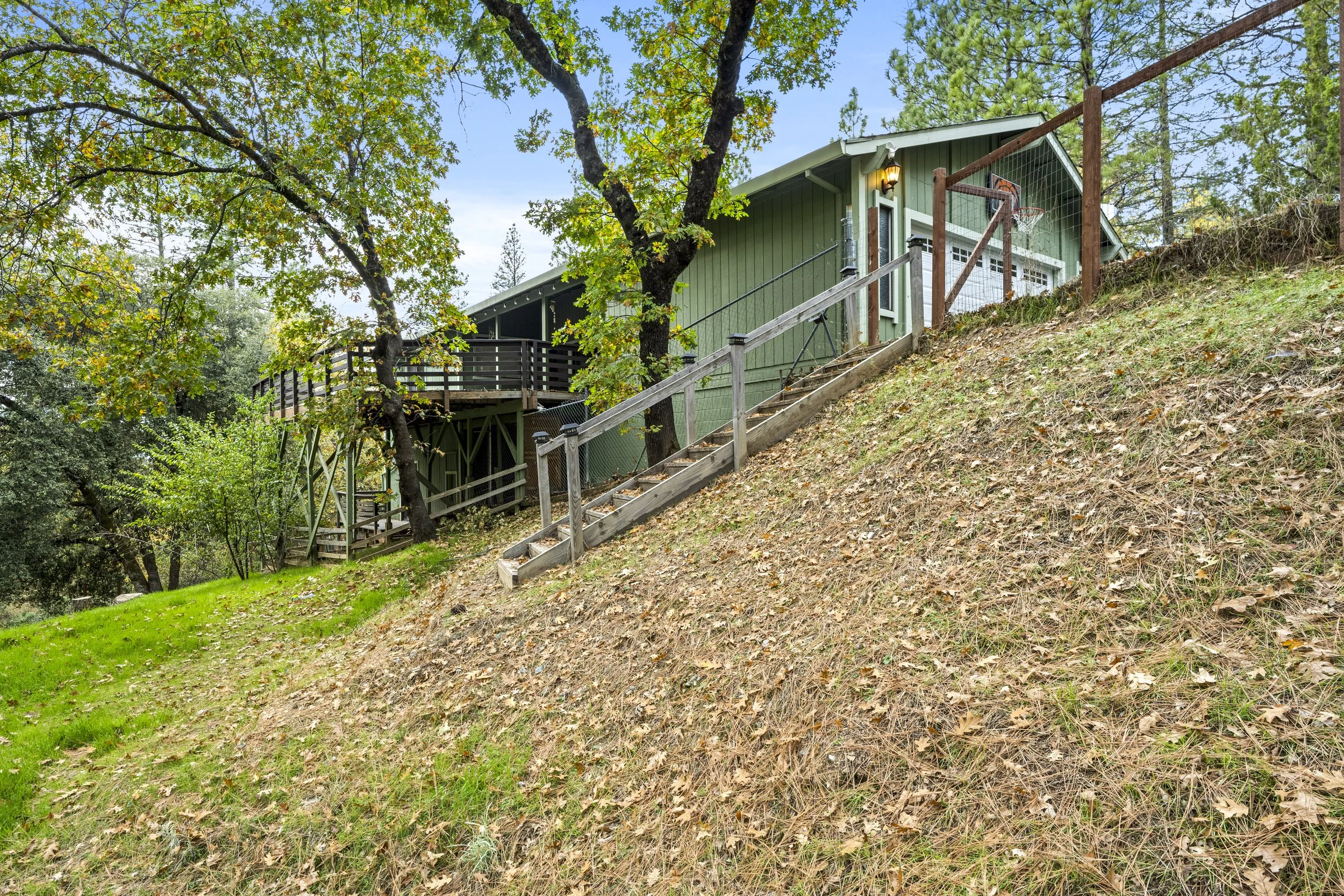 A green house on a slope surrounded by trees, with a wooden staircase leading up to a deck and a basketball hoop.