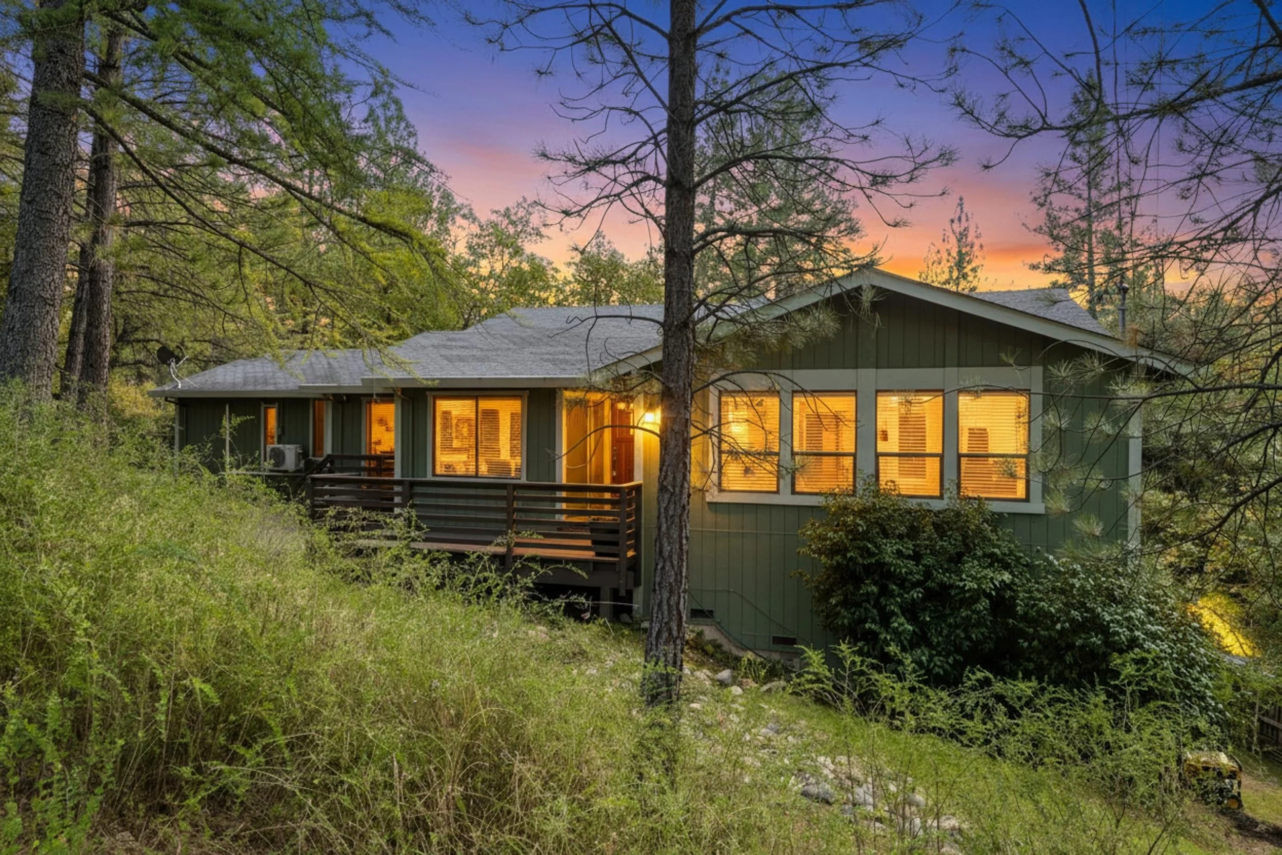 A house with green exterior walls and large windows with illuminated blinds, surrounded by tall trees and greenery, during sunset.