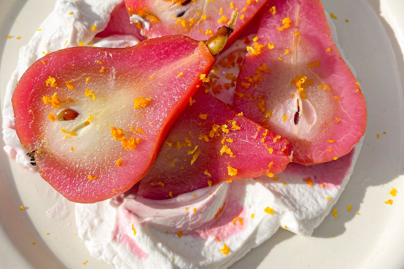 HIBISCUS & ORANGE POACHED PEARS