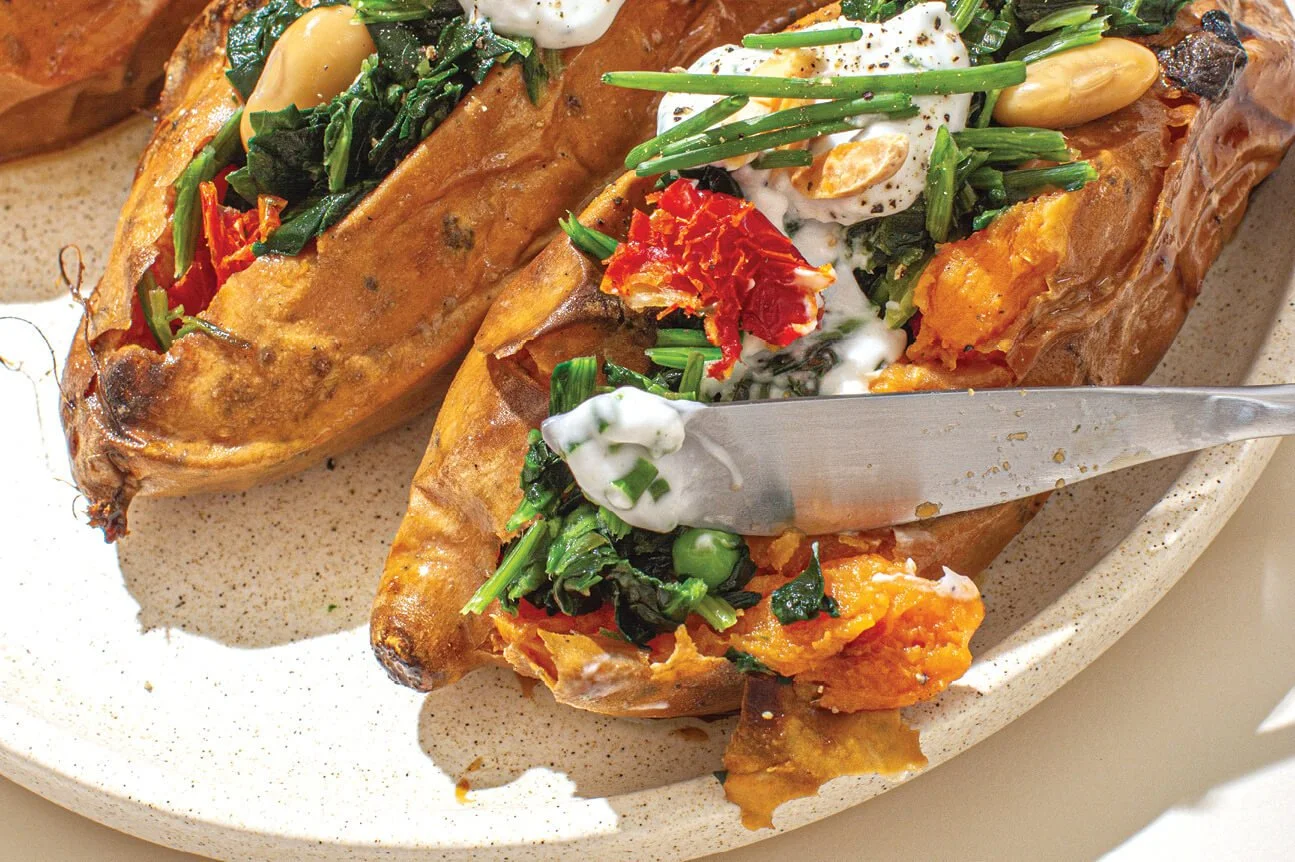 STUFFED SWEET POTATOES W/ TAHINI YOGHURT