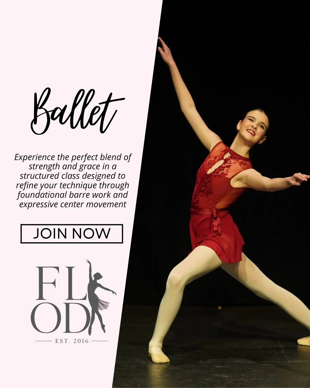 Meet us at the barre in 2026/2027🩰

From level 1 ballet to Pre Pointe, we have ballet classes for everyone!

*please note Miss Brianna will be on modified maternity leave until November.