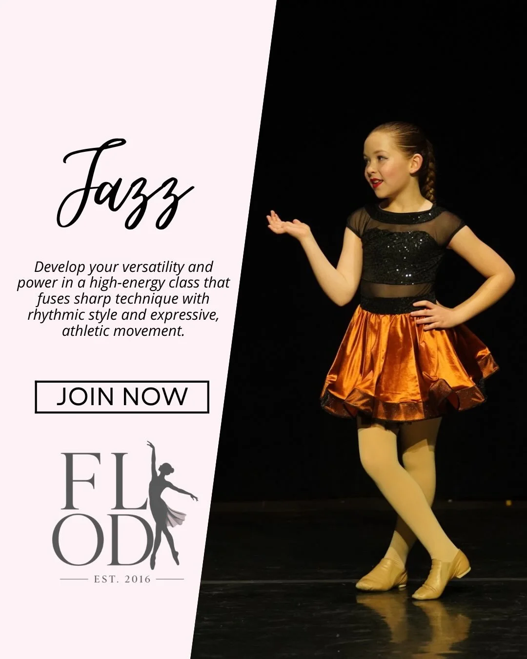 Bring the energy. Leave it all on the floor. ⚡️🎶
Jazz dance is all about expression, power, and letting your personality shine through every movement.

Please note Miss Brianna will be on modified Maternity leave until November.