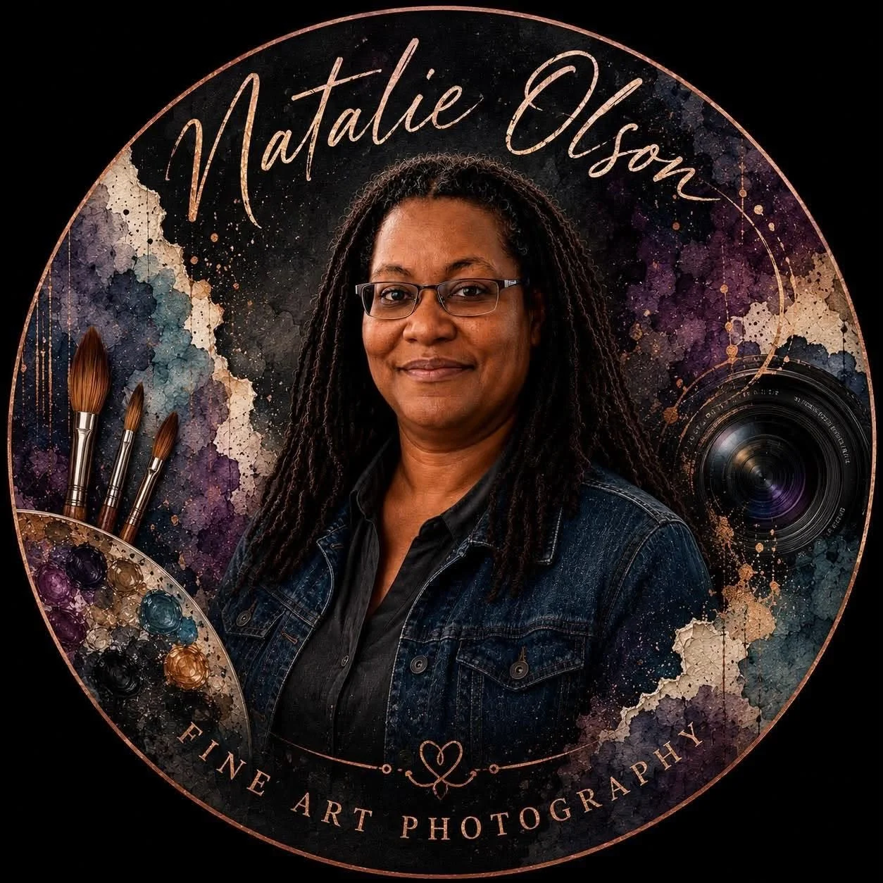 Portrait of a woman with glasses and long braided hair, wearing a denim jacket, standing in front of a circular artistic background with paint brushes, a camera lens, and colorful paint splashes, with the name 'Natalie Olson' and the text 'Fine Art Photography'.