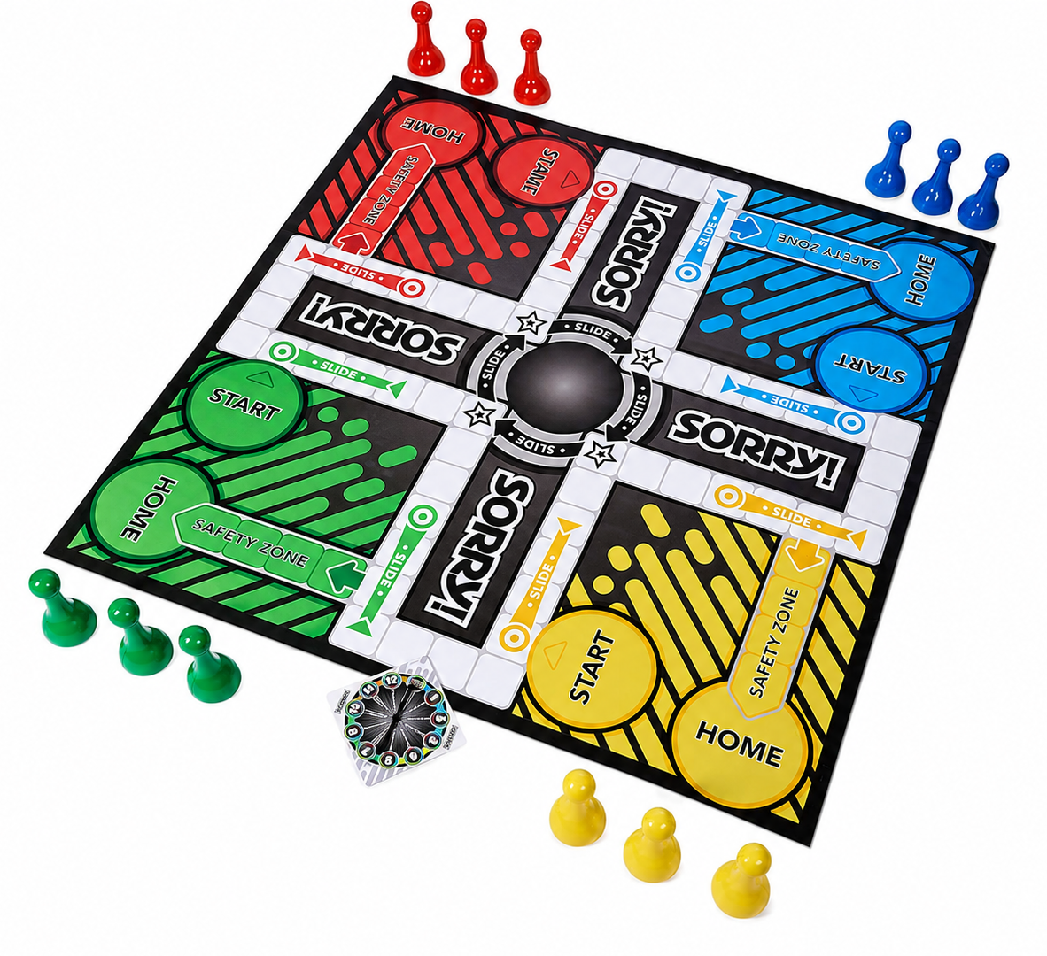 Colorful Sorry! board game setup with four sets of game pieces in red, blue, yellow, and green, arranged outside the board. The game board has colorful sections labeled Start, Home, and Safety Zone in green, yellow, blue, and red, with instructions and arrows. A spinner is also visible.