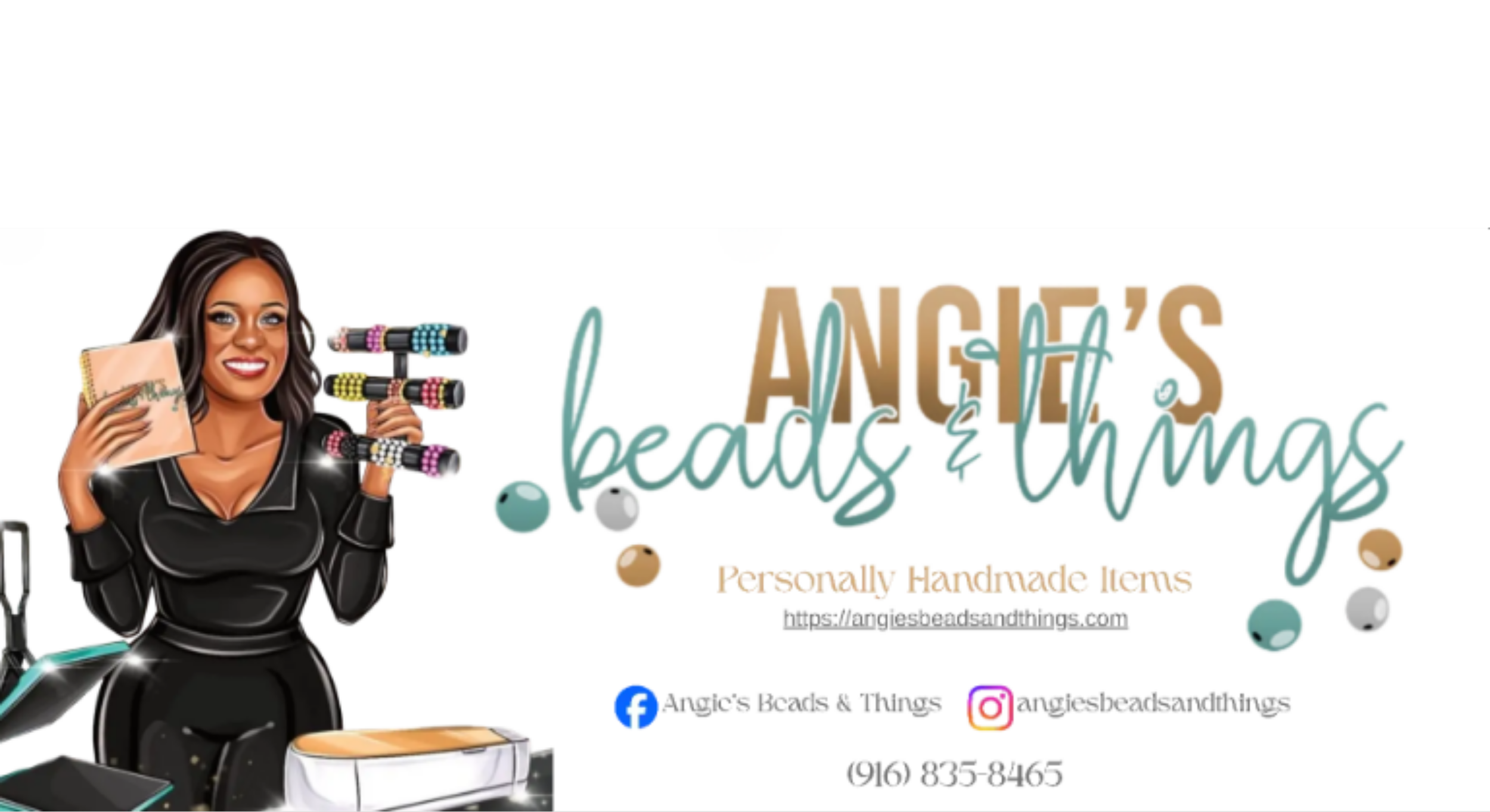 A woman with brown hair holding a notebook and a jewelry display stand with colorful beaded jewelry, advertising 'Angie's Beads & Things,' offering handmade jewelry and supplies.