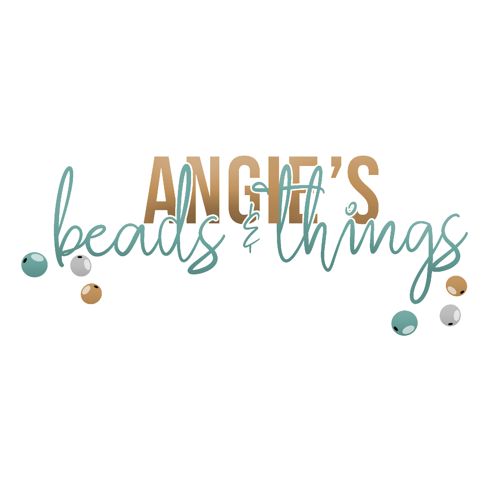 Decorative holiday card with the message 'Angela's beads & thoughts' in stylized text, with illustrations of colored beads scattered around.