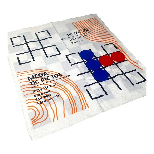 Tic tac toe game on a cloth with four red and four blue game pieces placed on the grid.