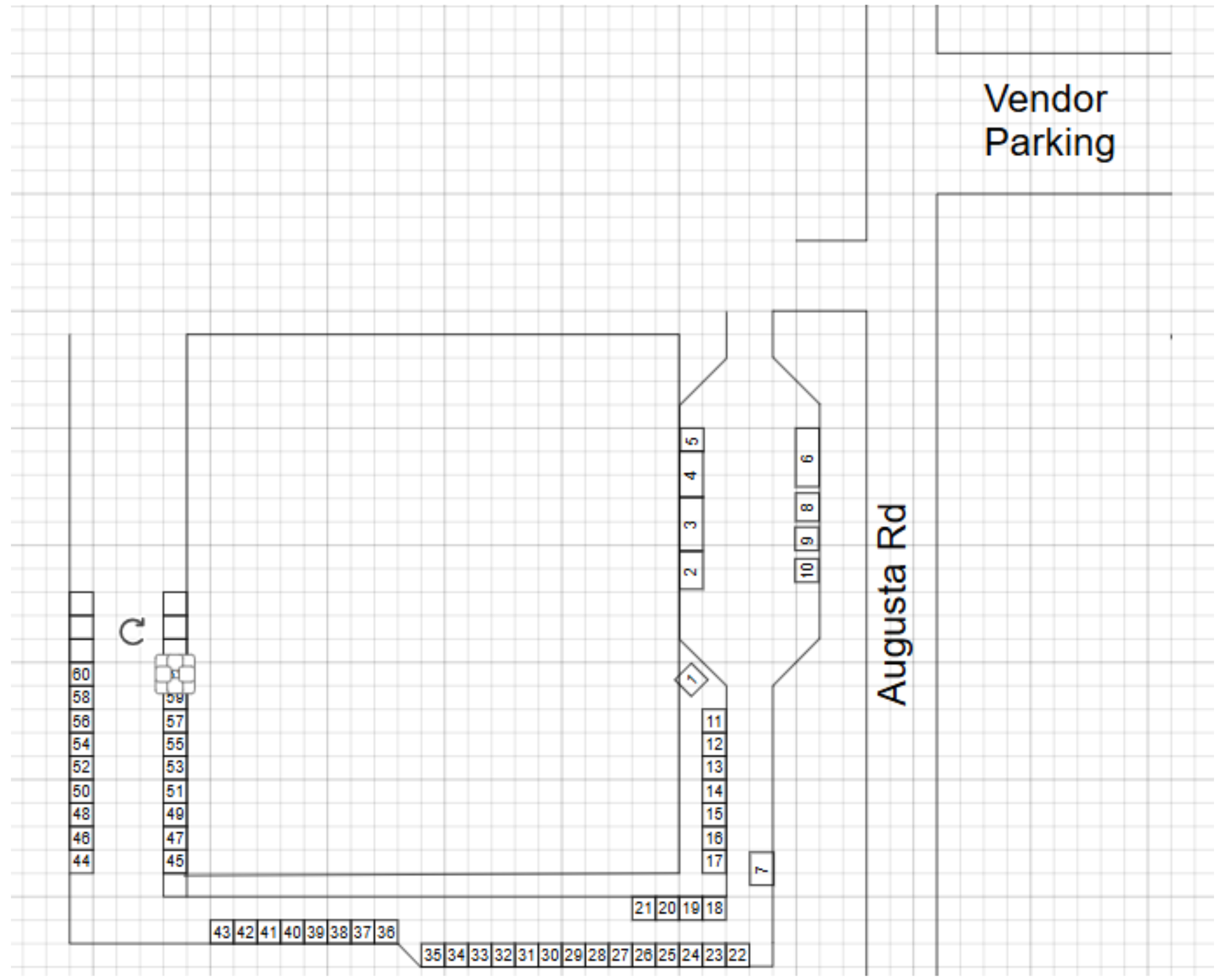 A detailed layout of a parking lot with designated areas for vendor parking and group spaces. The diagram includes numbered parking spots, pathways, and labels indicating sections such as 'Vendor Parking' and 'Augusta Rd.'