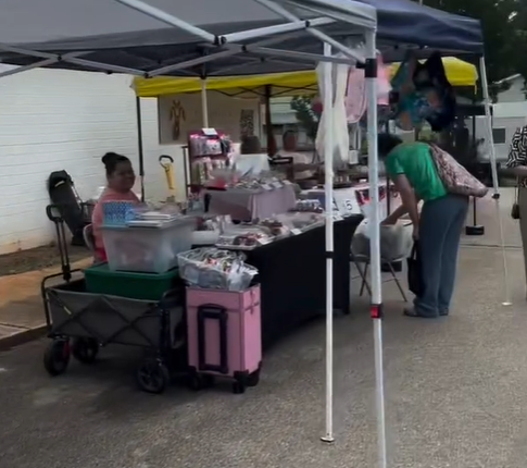 Outdoor market stall with tables and tents selling various items, with two women browsing and a girl sitting at the stall.