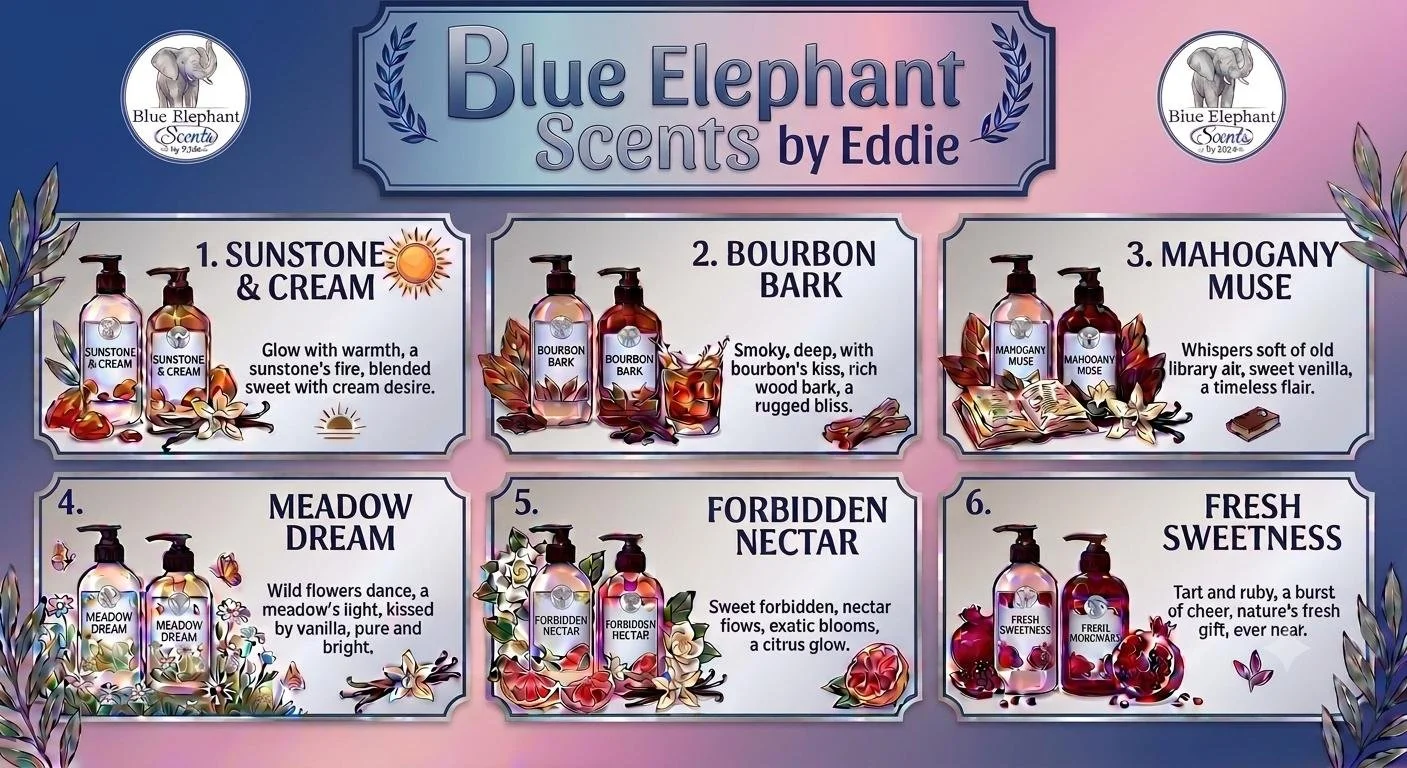 A poster showcasing six different scents from Blue Elephant Scents by Eddie. The scents include Sunstone & Cream, Bourbon Bark, Mahogany Muse, Meadow Dream, Forbidden Nectar, and Fresh Sweetness. Each scent is depicted with a bottle and descriptive text.
