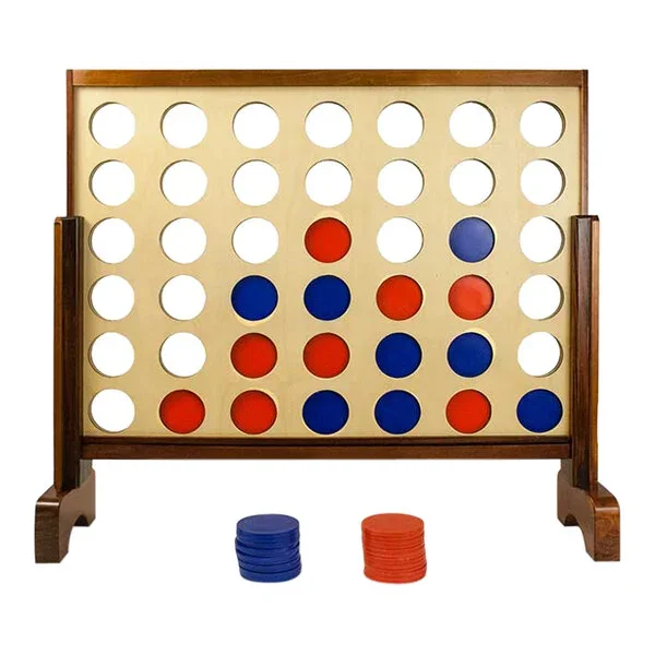 Connect Four game with red and blue discs on a wooden frame.