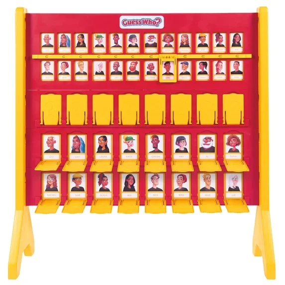 Guess Who? game board with character images and yellow flip-down characters at the bottom.