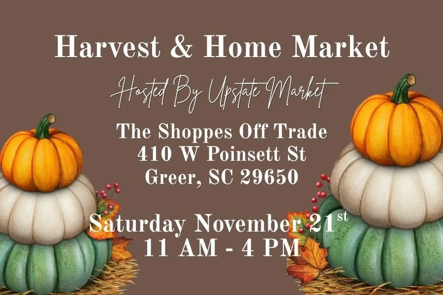 Fall harvest and home market event poster with pumpkins, leaves, and berries, including date and location details.