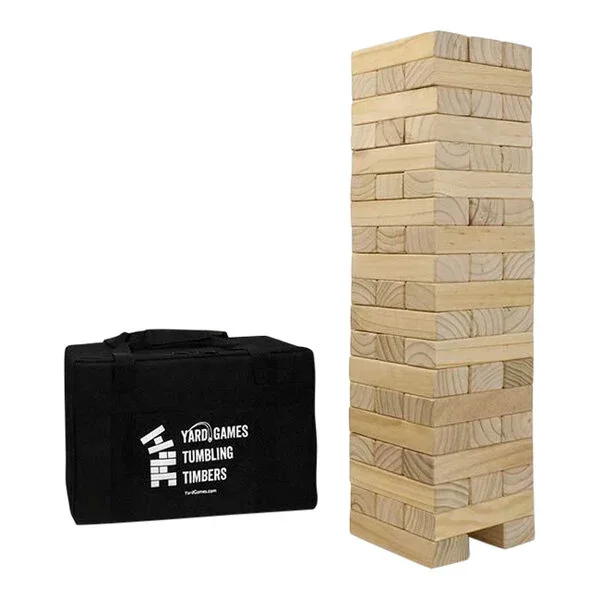 A set of large wooden Jenga blocks stacked vertically next to a black carrying case for yard games, with text indicating it is for a game called Yard Games Tumbling Timbers.