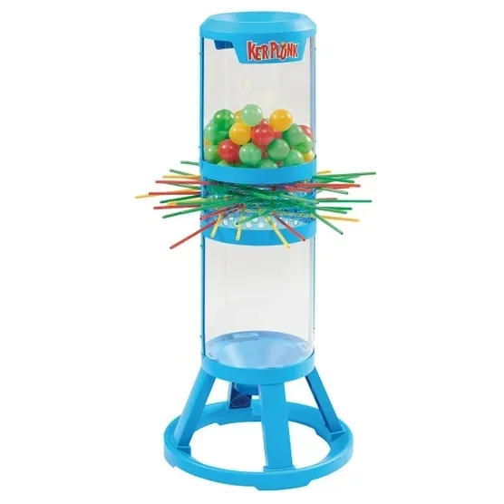 A blue toy arcade game with a transparent globe filled with colorful plastic balls and surrounding sticks for hitting the balls.