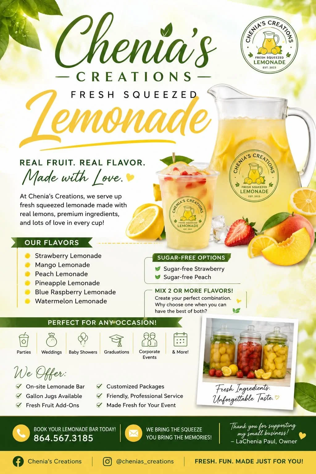 “Chenia’s Creations fresh-squeezed lemonade menu featuring a variety of fruit flavors from a local vendor at Upstate Markets in Greenville, SC.”