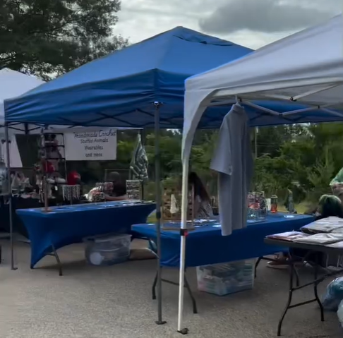 Outdoor market stall with blue and white tents selling various items, including clothing and accessories.