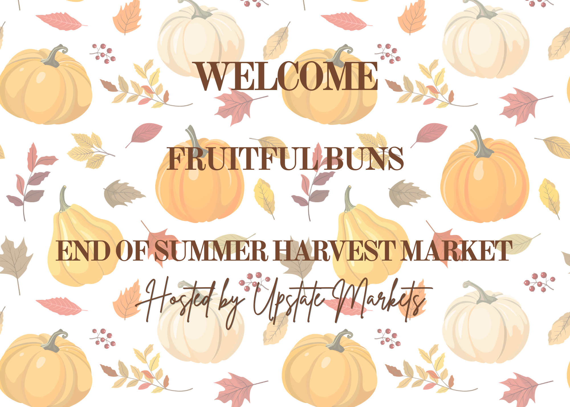 Decorative pattern featuring pumpkins, fall leaves, and berries with text about a pumpkin market event.