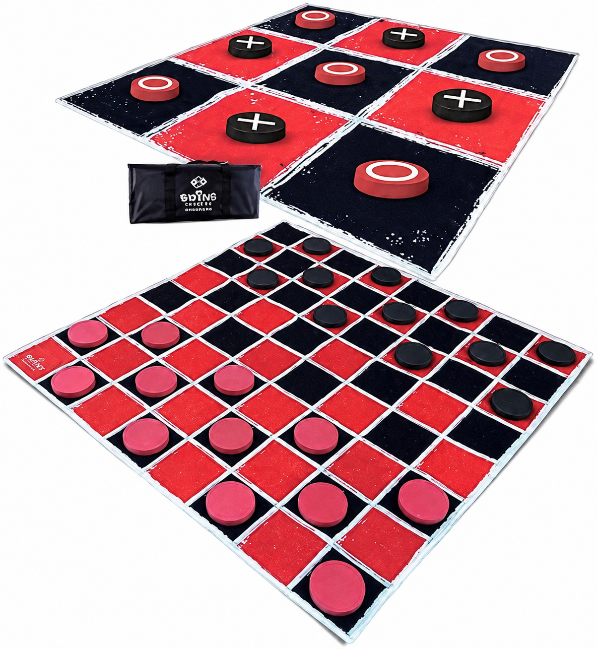 Tic-tac-toe and checkers board games with red and black game pieces, along with a storage bag for game pieces.
