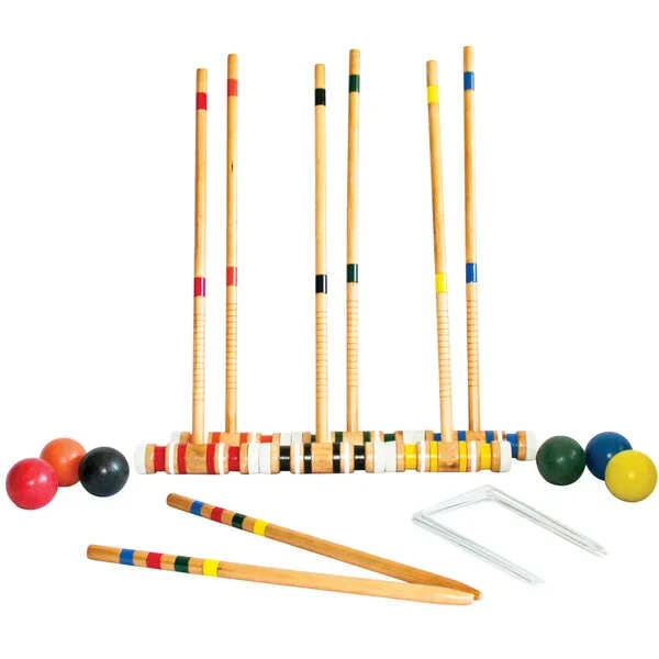 Croquet set with wooden mallets, balls, and metal hoops against a white background.