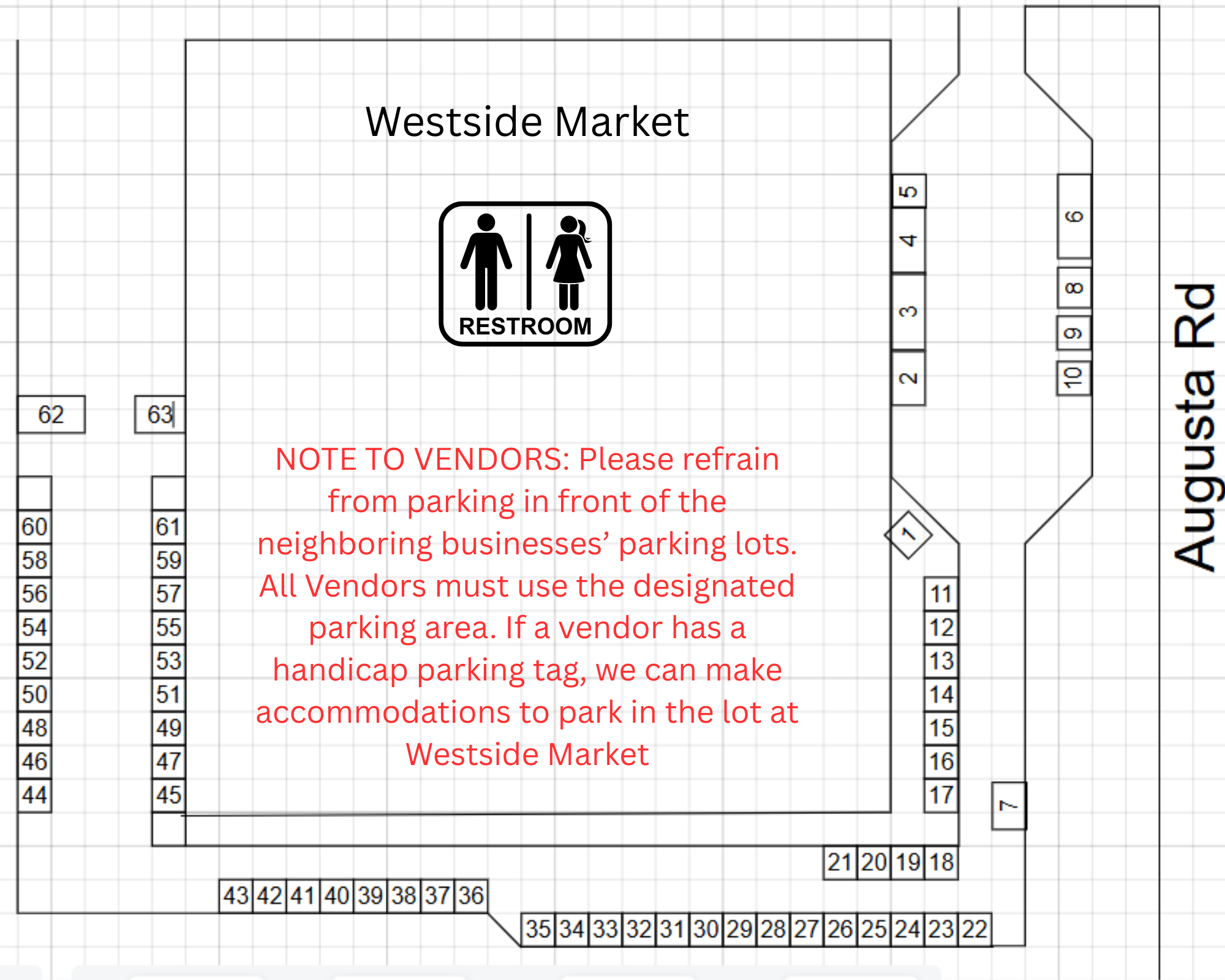 A layout map of Westside Market with numbered booths, a restroom sign, and a red text note about parking and vendor accommodations.
