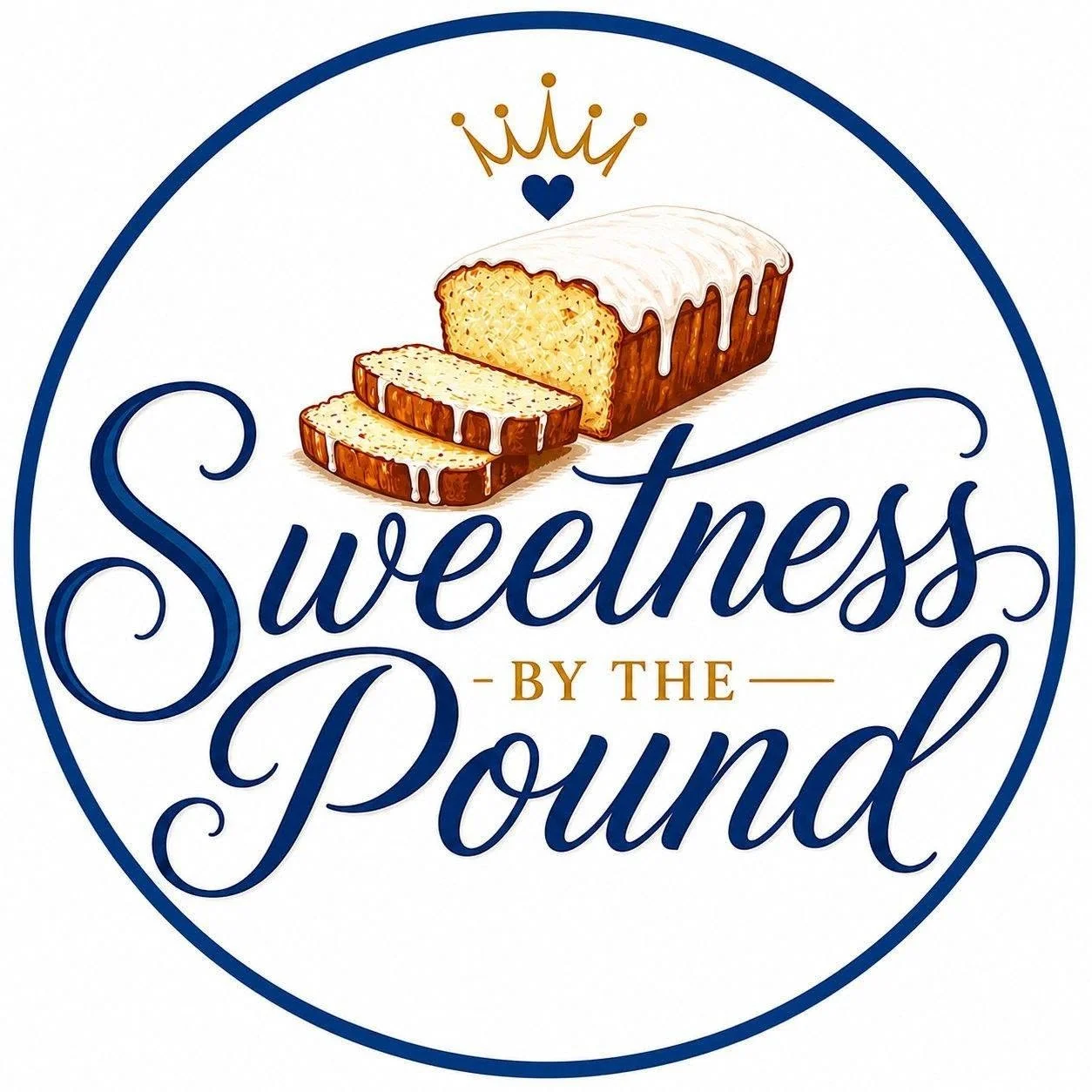 Logo with a loaf of pound cake with white icing and slices cut, above the text 'Sweets by the Pound' in blue and gold lettering, with a blue heart and crown symbol.