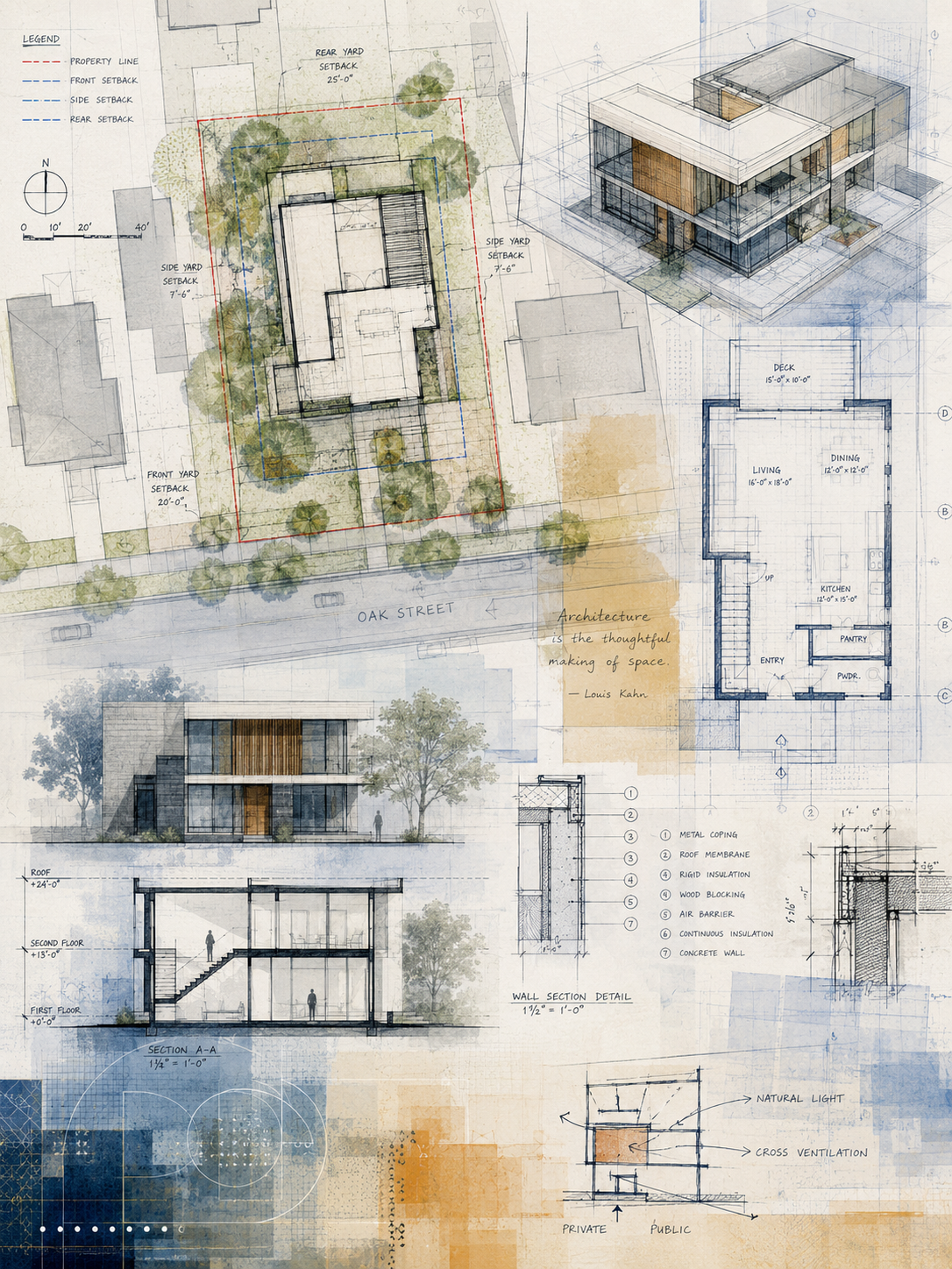 Property zoning analysis, site plan, building height, FAR, footprint, floor plans, exterior elevations, and landscape layout, including property lines and setback measurements.