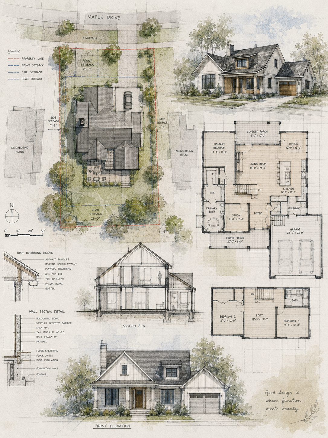 Property zoning analysis, site plan, building height, FAR, footprint, floor plans, exterior elevations, and landscape layout, including property lines and setback measurements.