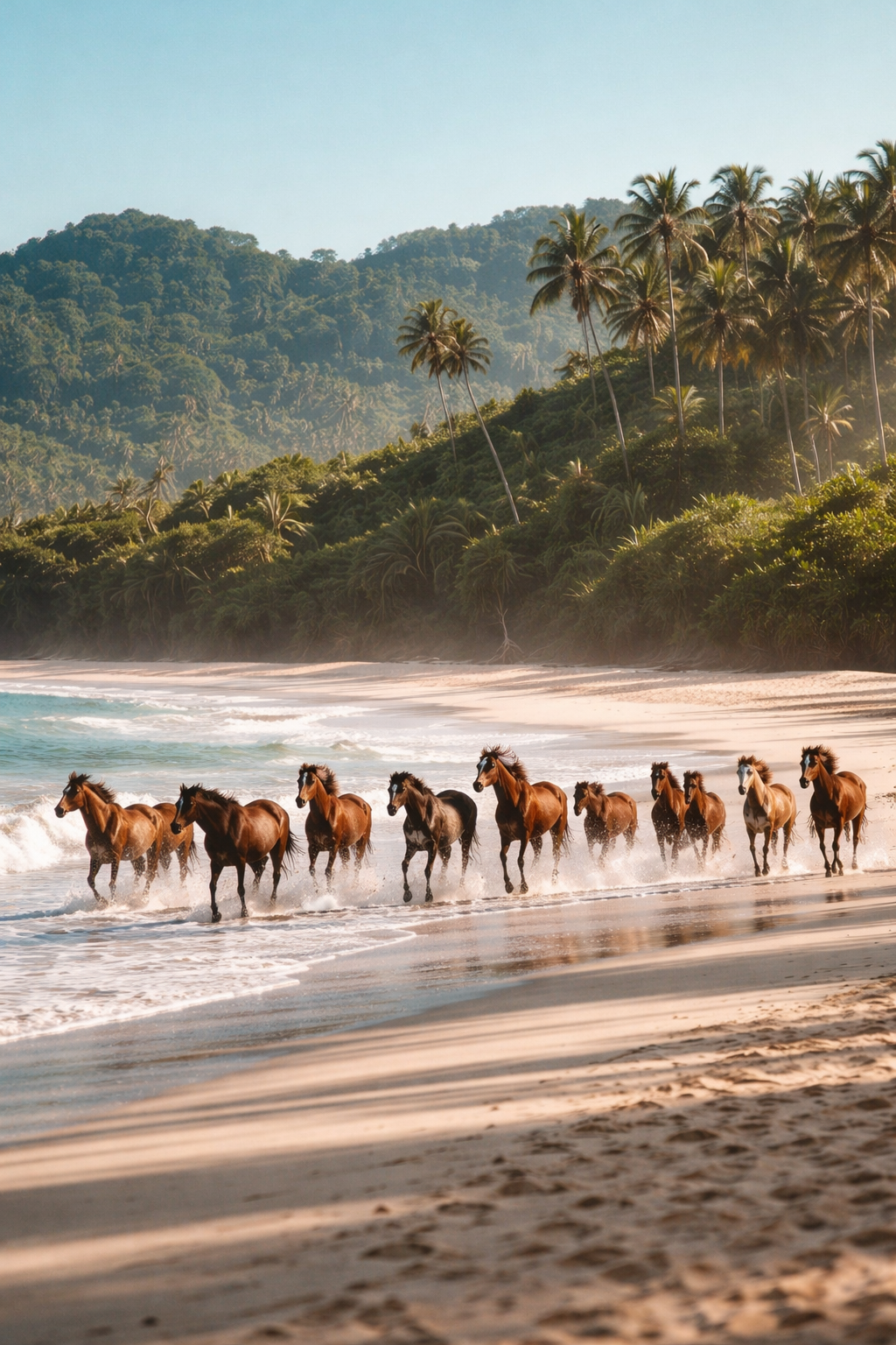 Wild horses on Sumba beach Indonesia sandy shore included as excursion option at yoga and pilates wellness retreat Sumba
