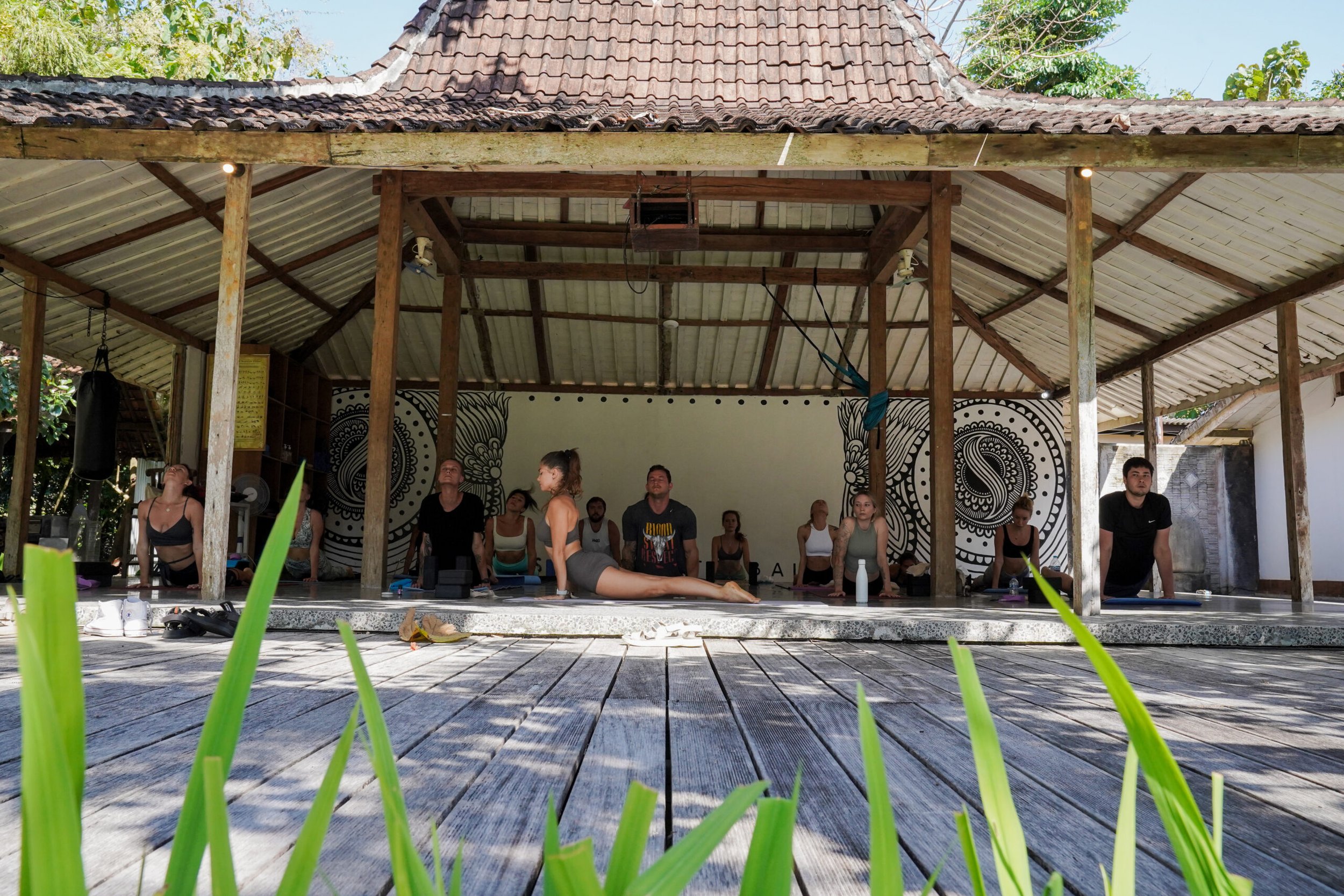 Group of people participating in a yoga class outdoors under a thatched roof structure.