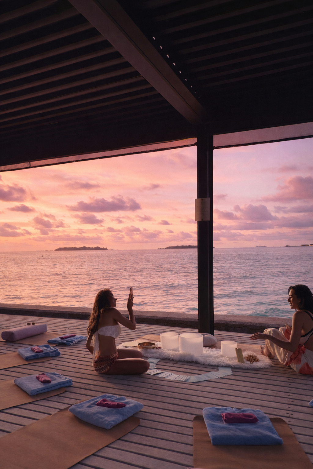 Guests gathered on overwater deck at sunset during Maldives pilates and wellness retreat 2026