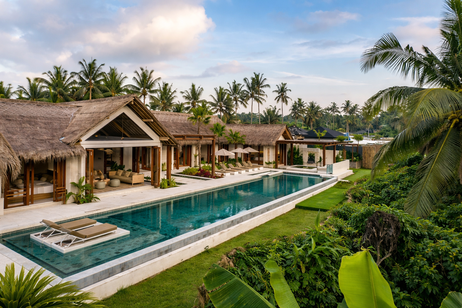 Luxury thatched roof villa with infinity pool and palm trees at Bali yoga and pilates retreat Indonesia ideal wellness holiday accommodation
