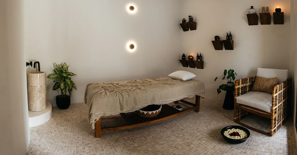 A minimalist room with a bed on the left, a chair on the right, and wall-mounted shelves with decor, soft lighting, and plants.