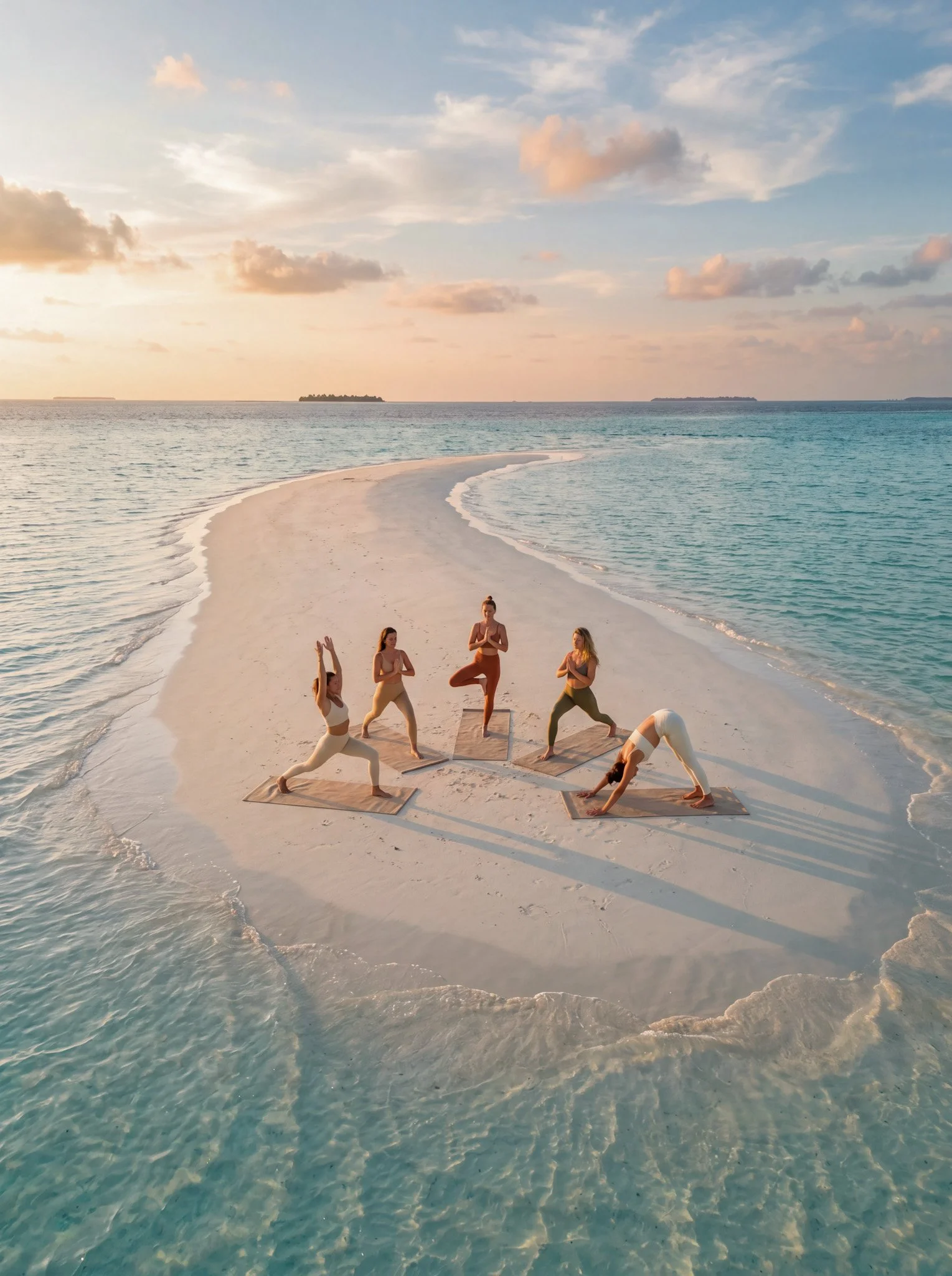 A group of people practicing yoga on yoga mats at the beach during sunset, with ocean and sky in the background.