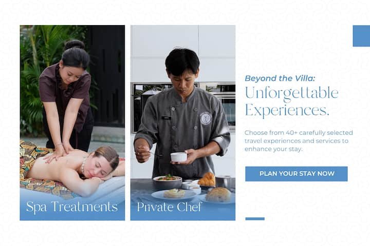 An advertisement for a luxury resort offering spa treatments and private chef services, with images of a woman receiving a massage and a chef cooking in a professional kitchen.