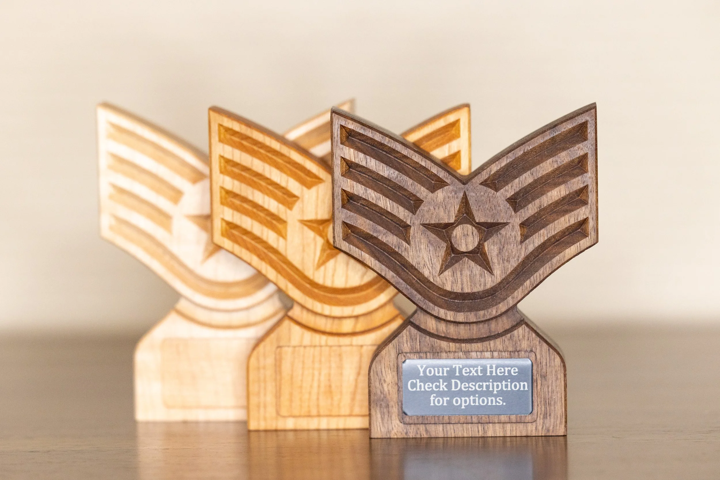 Three wooden awards with engraved stars and stripes, each with a plaque that says, "Your Text Here Check Description for options."